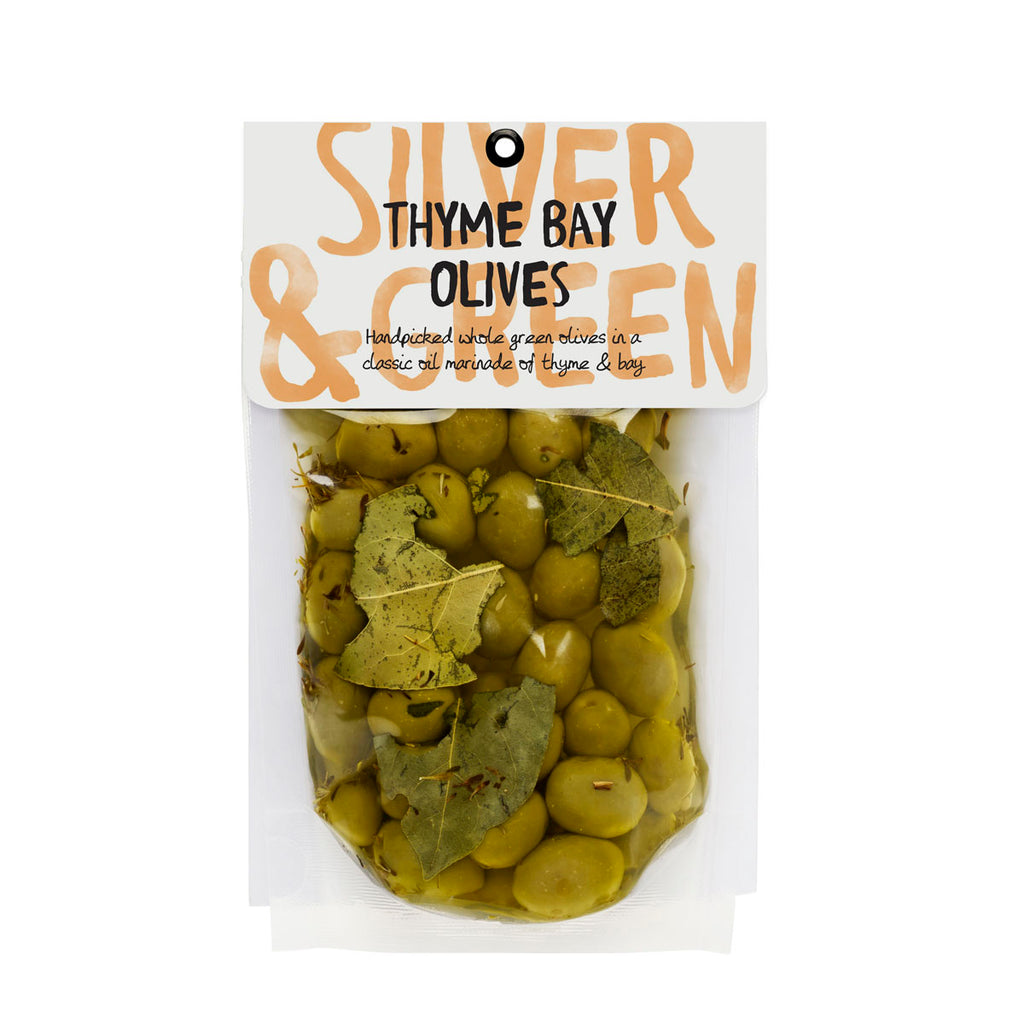 SILVER & GREEN THYME BAY GREEN OLIVES 220G