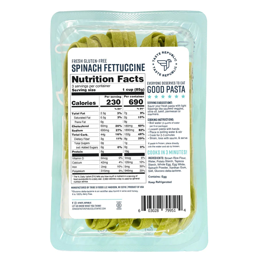 Taste Republic Fresh Pasta - Gluten Free Spinach Fettuccine 255g