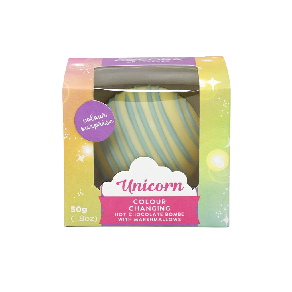 COCOBA - Unicorn Hot Chocolate Bombe with Colour Surprise and Marshmallows (single portion)