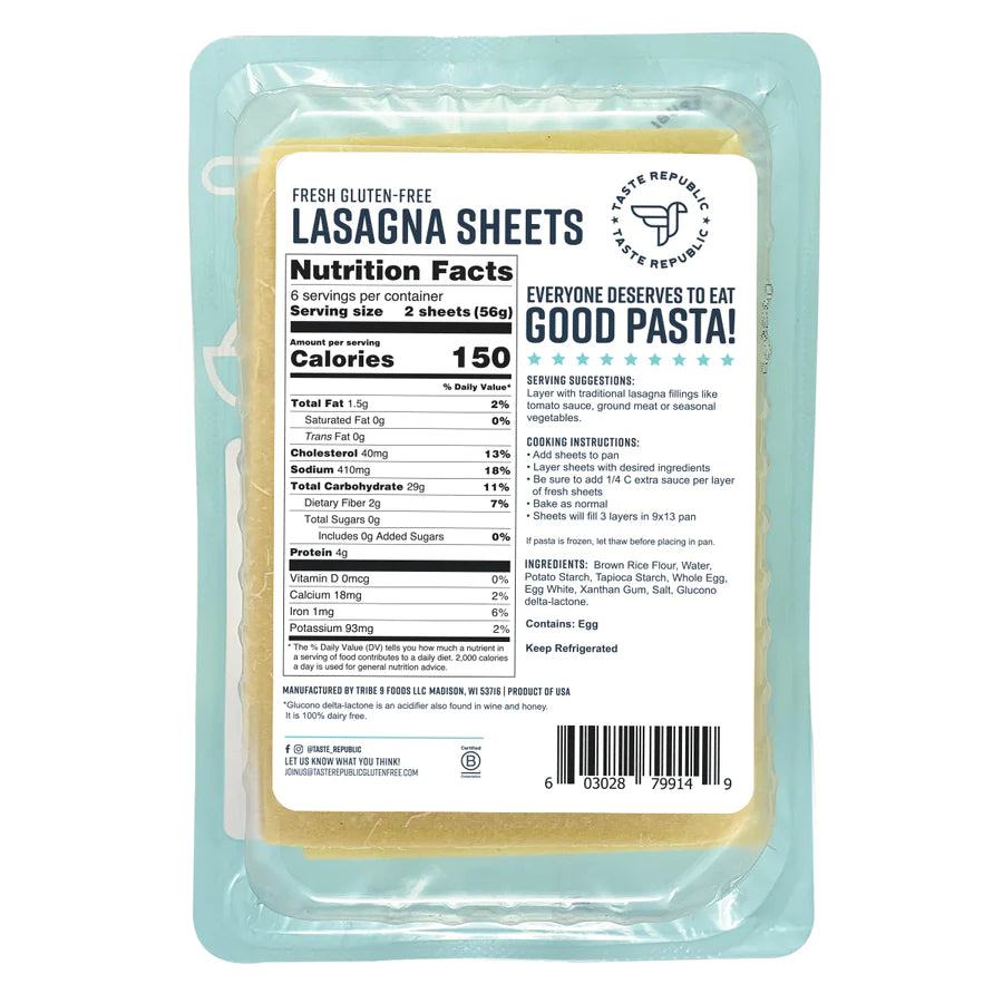 Taste Republic Fresh Pasta - Gluten Free Lasagna Sheets 340g