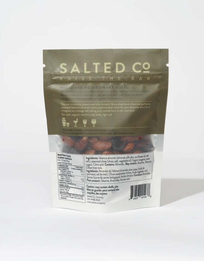 Salted Co. Fancy Cocktail Nuts - Valencia Almonds, Dried Black Olive & Sea Salt 135g