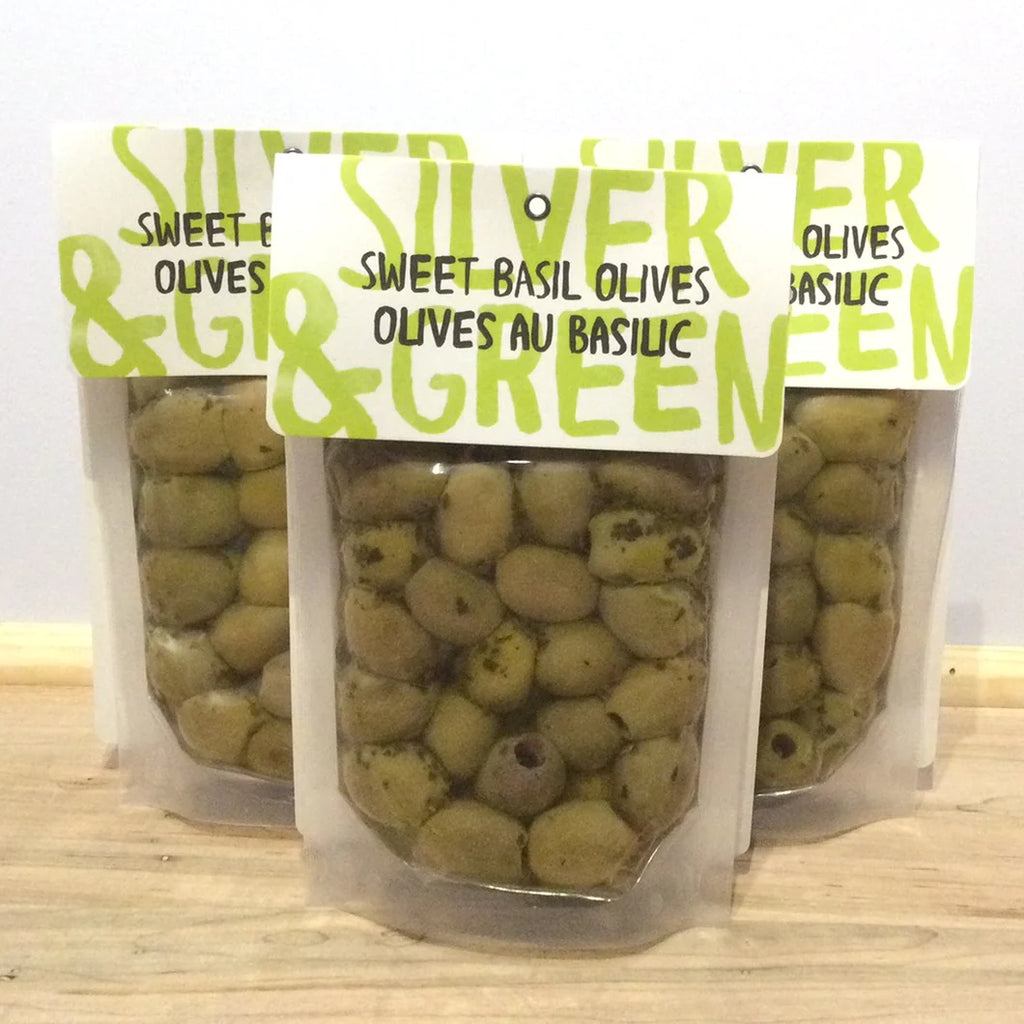 SILVER & GREEN SWEET BASIL GREEN OLIVES 220G