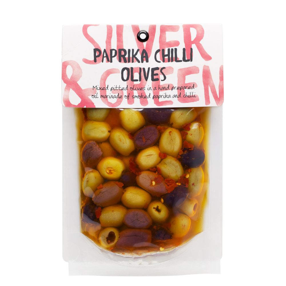 SILVER & GREEN PAPRIKA CHILLI MIXED OLIVES (PITTED) 220G