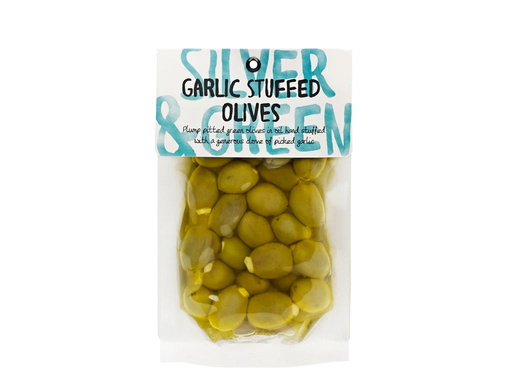 SILVER & GREEN GARLIC STUFFED GREEN OLIVES (PITTED) 220G